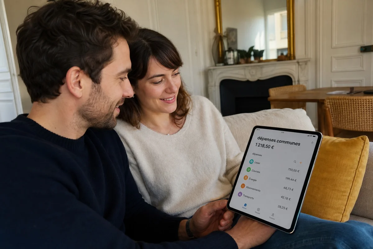 Gestion du budget familial et partagé grâce à une application mobile Couple consultant ensemble une application de gestion de budget partagé sur une tablette à la maison