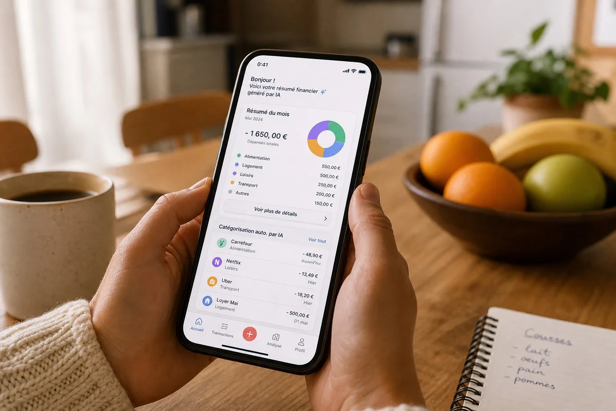 Intelligence artificielle et catégorisation automatique des dépenses Personne consultant une application de budget avec catégorisation automatique des dépenses par intelligence artificielle
