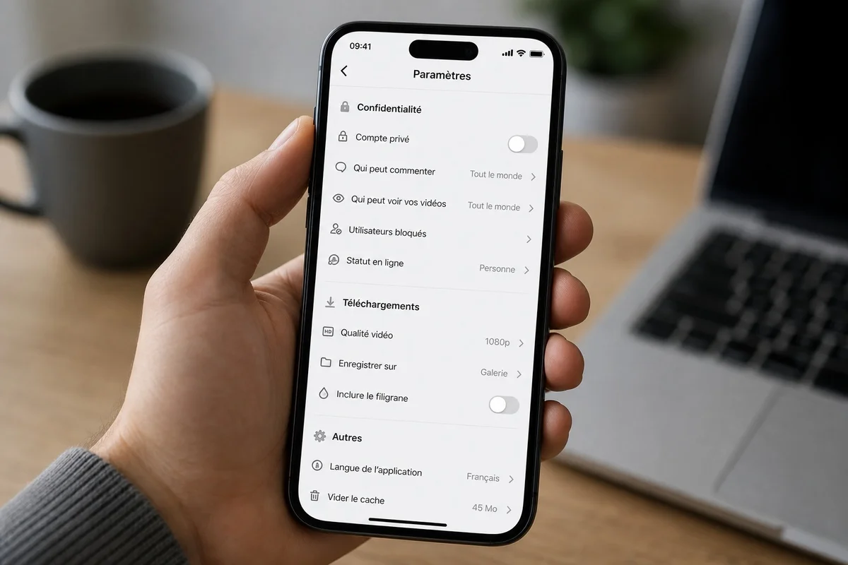 Désactiver le filigrane dans les paramètres TikTok Menu paramètres et confidentialité de TikTok montrant l'option de téléchargement sans filigrane