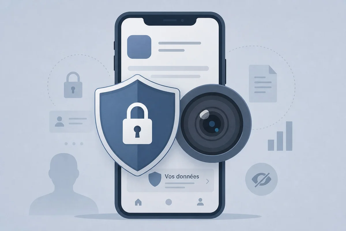 Les questions de confidentialité soulevées par Pocket Illustration symbolisant la protection des données personnelles face à une application mobile utilisant la caméra et les photos
