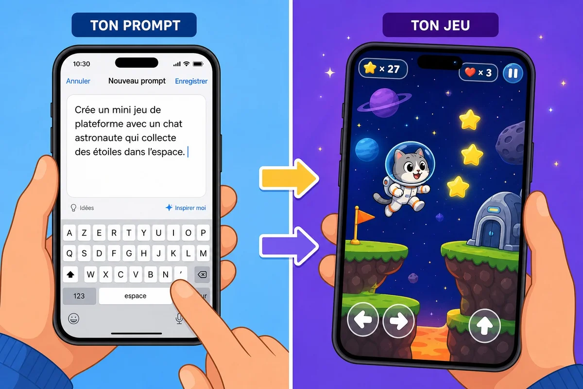 Comment un prompt texte devient un mini-jeu sur Pocket Illustration du processus de création d'un gizmo Pocket à partir d'une phrase tapée par l'utilisateur
