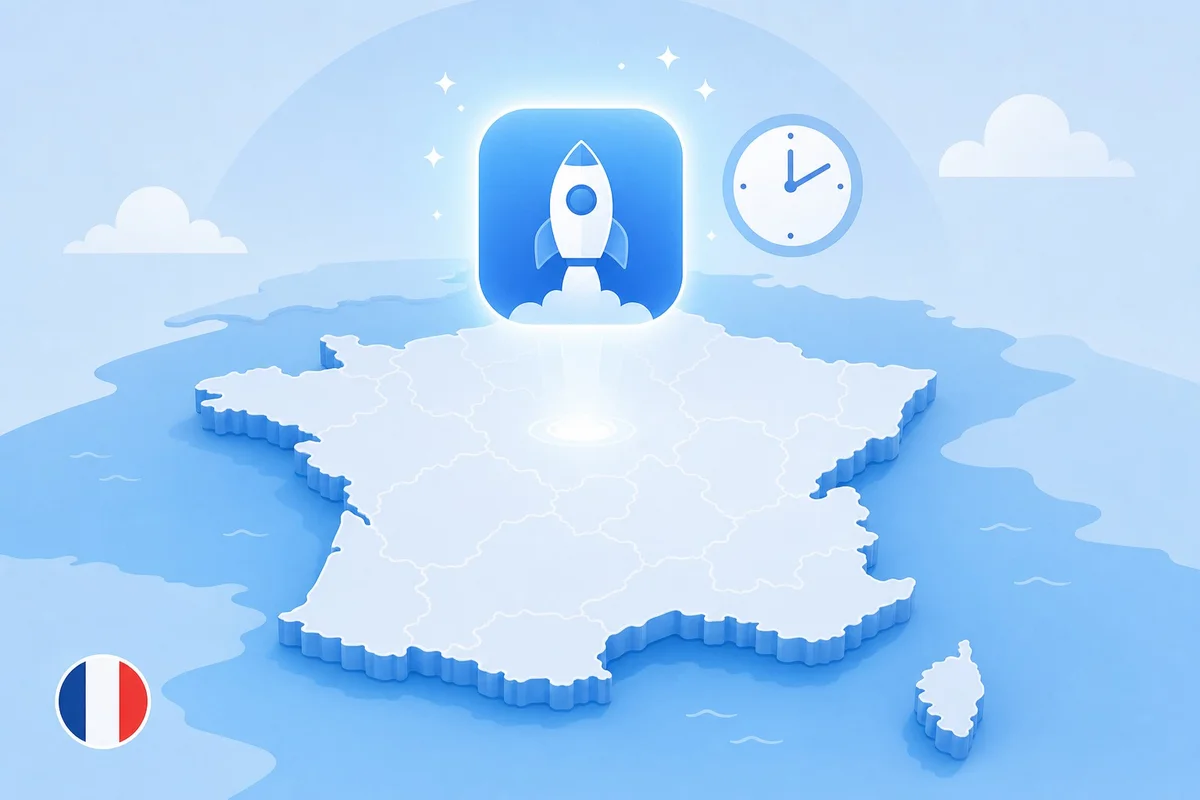 Pocket arrivera-t-il un jour en France ? Carte stylisée de la France avec une icône application mobile symbolisant l'attente du lancement de Pocket