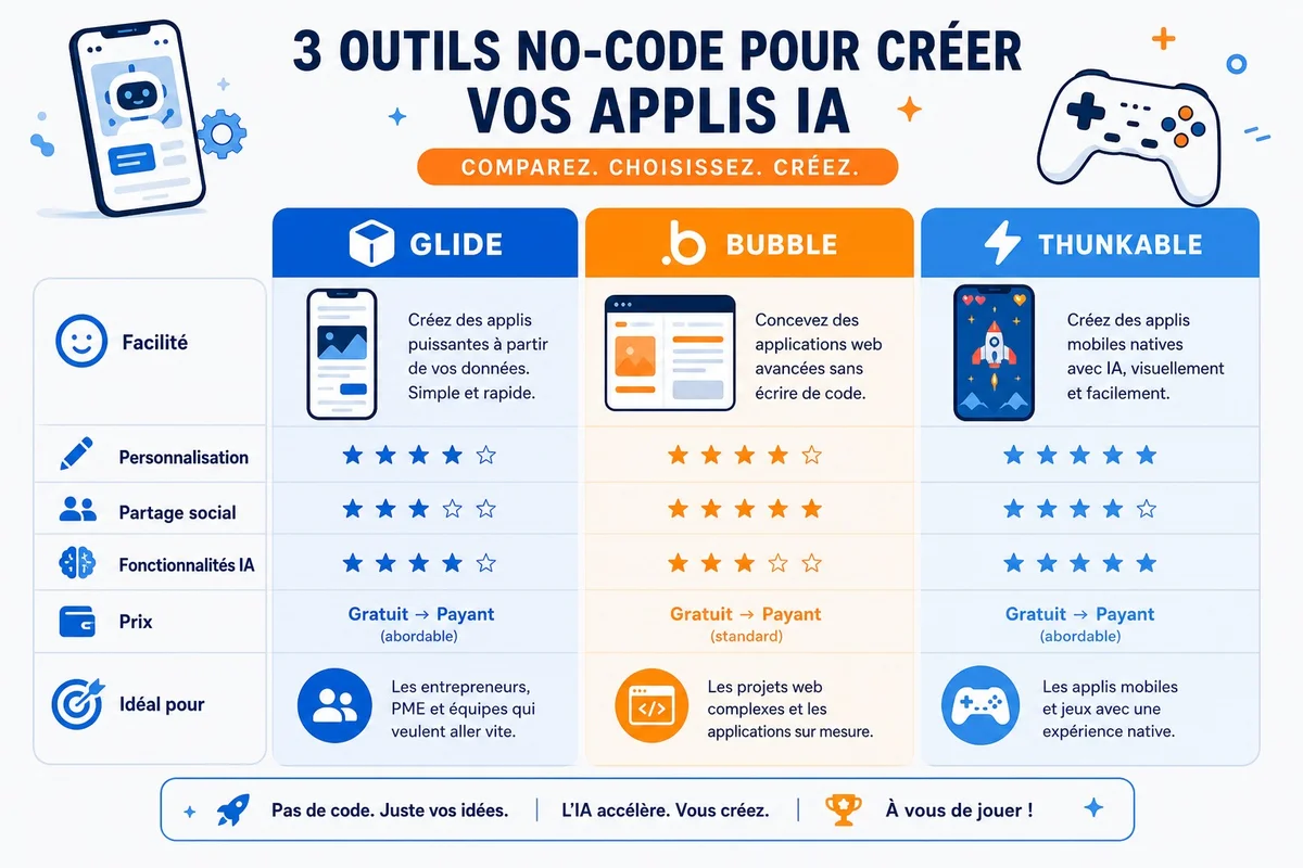 Vibe coding : Pocket face aux autres outils de création sans code Comparaison visuelle entre Pocket, Gizmo et les outils de vibe coding pour créer des applications sans programmer