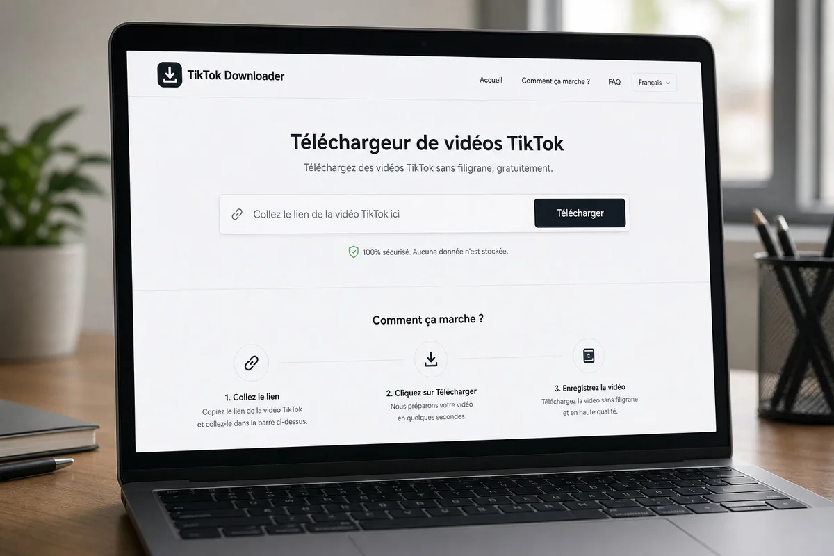 Interface d'un site de téléchargement TikTok sans filigrane Page web d'un outil en ligne avec un champ pour coller un lien TikTok et un bouton télécharger