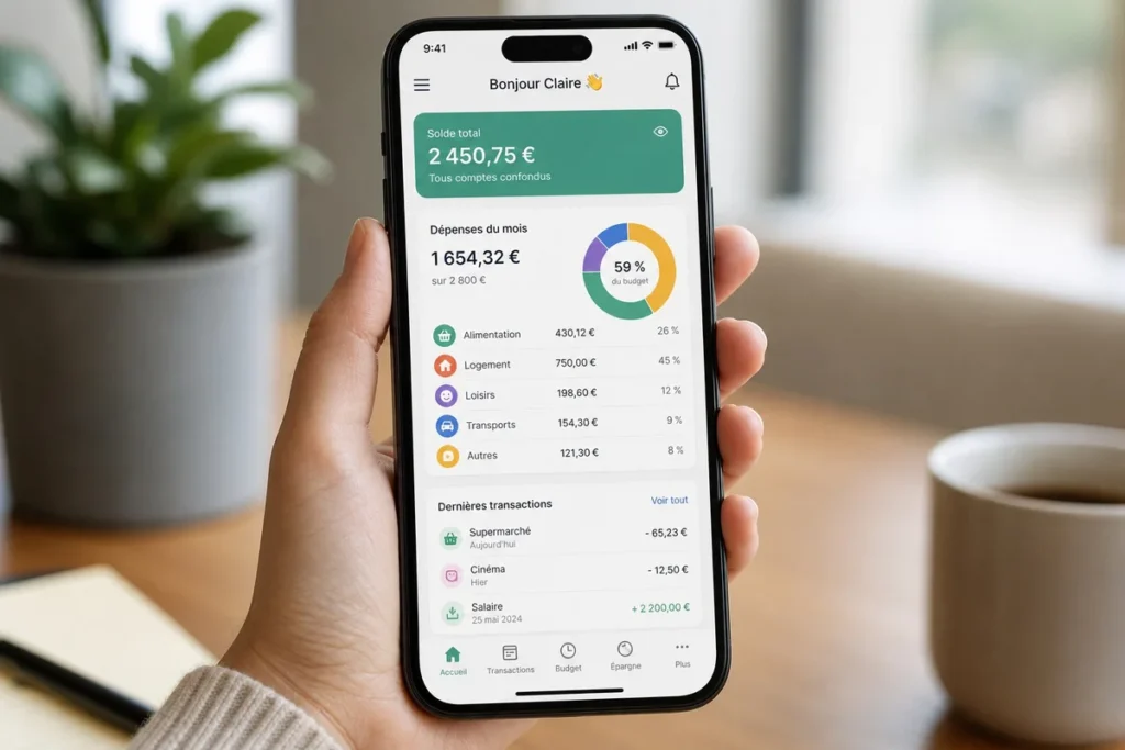 Comment la technologie transforme la gestion du budget personnel en France Smartphone affichant une application de gestion de budget avec graphiques de dépenses en français