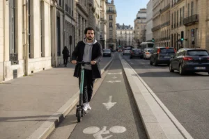 Trottinette électrique : 5 règles à connaître pour éviter 3 750 € d’amende en 2026 Utilisateur de trottinette électrique circulant sur une piste cyclable en ville en France