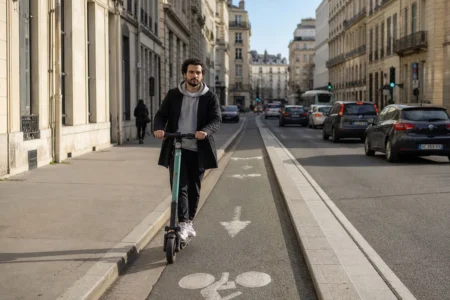 Trottinette électrique : 5 règles à connaître pour éviter 3 750 € d’amende en 2026 Utilisateur de trottinette électrique circulant sur une piste cyclable en ville en France