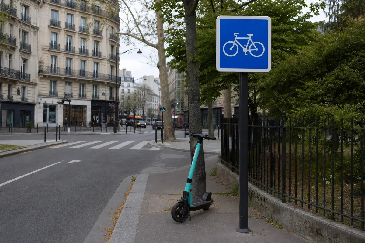 Circulation trottoir interdite trottinette électrique Panneau de signalisation indiquant une piste cyclable à emprunter par les trottinettes électriques