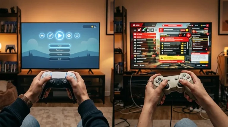 Comparaison visuelle entre bon et mauvais design UX de menu de jeu vidéo avec joueur tenant manette