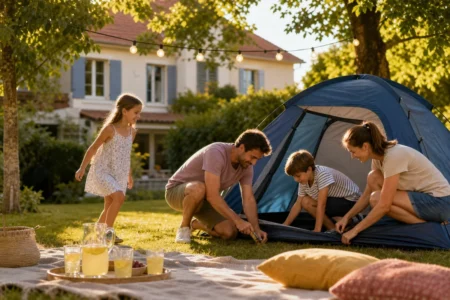 Vacances à la maison 2026 : 15 idées d’activités en famille pour des souvenirs inoubliables sans partir loin Famille française installant une tente dans le jardin pour des vacances à la maison