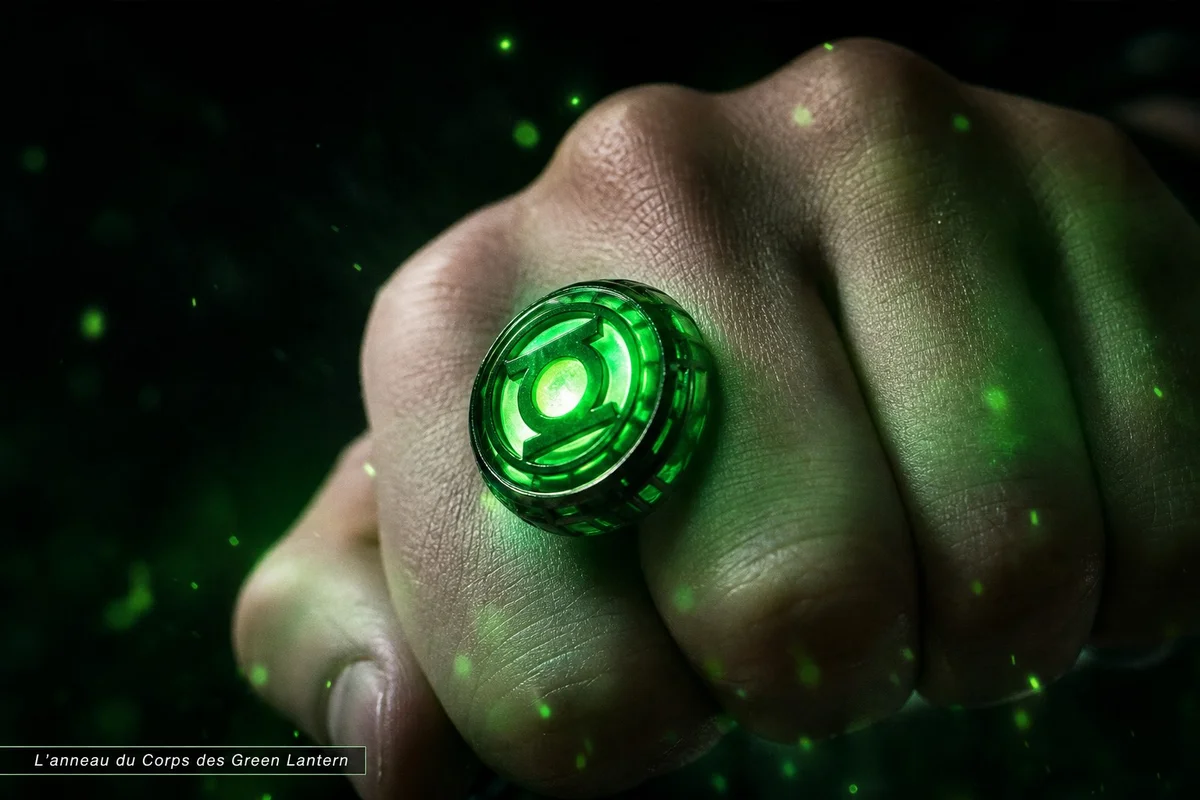 Anneau de pouvoir Green Lantern dans la série Lanterns Gros plan sur un anneau de pouvoir vert emblématique des Green Lantern dans la série