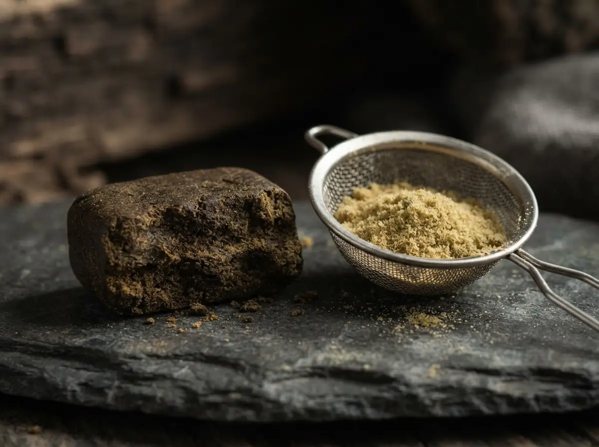 Plaque de résine de chanvre brune posée près d'un tamis fin contenant du kief blond