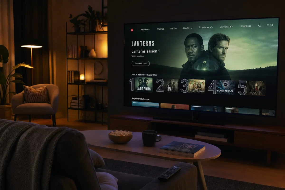 Regarder Lanterns en streaming sur HBO Max Écran de télévision affichant la série Lanterns disponible en streaming sur HBO Max