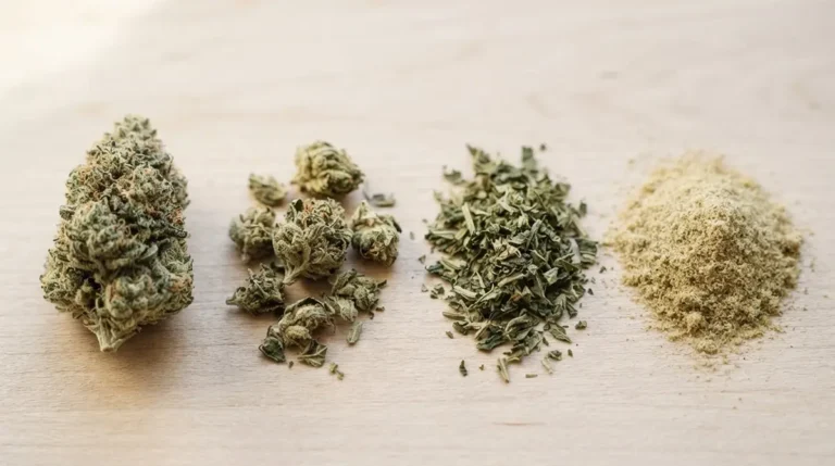 Le vocabulaire du CBD décodé : buds, small buds, trim, popcorn, hash, moonrock Comparaison visuelle d'une tête de chanvre, de small buds, de trim et de kief posés côte à côte