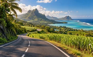 Magnifique photo d'une route de l'île Maurice avec vue sur la mer et les montagnes