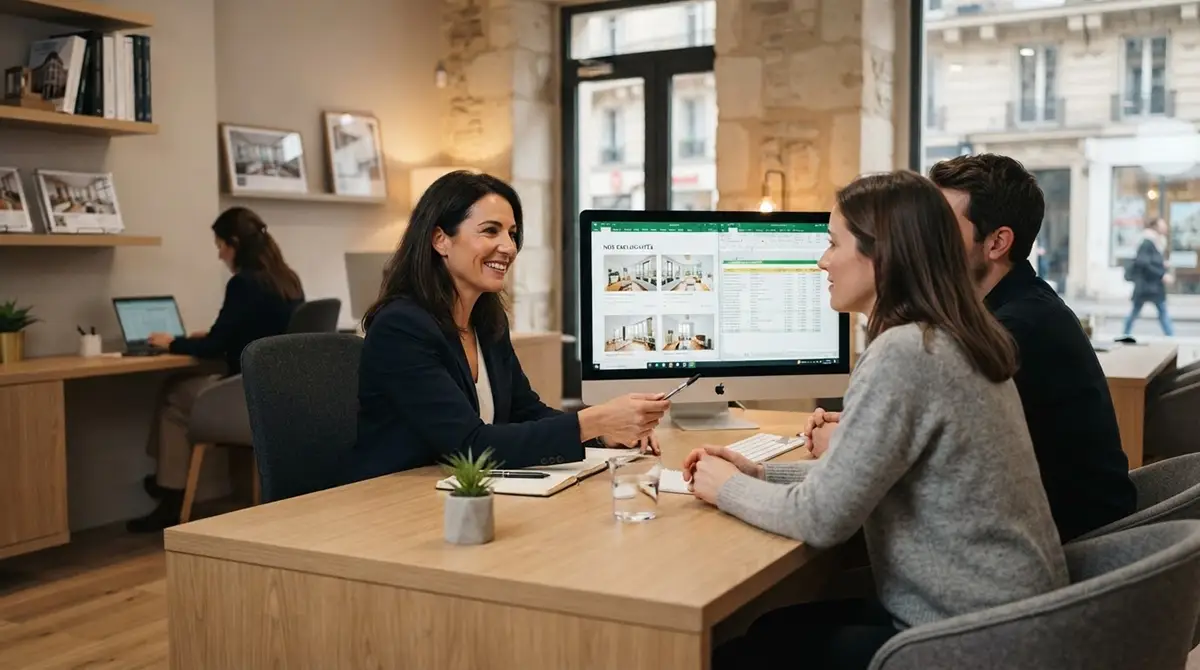 Intérieur d'une agence immobilière franchisée, échange entre un agent et des clients