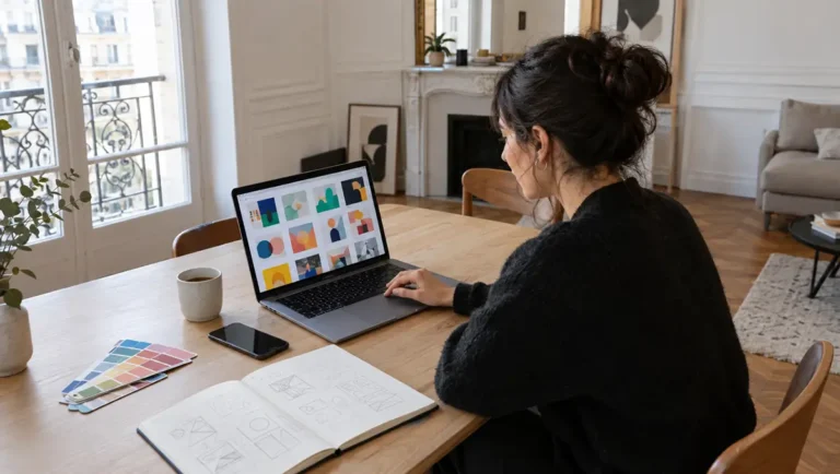 Entrepreneure créant ses visuels de communication sur un ordinateur portable