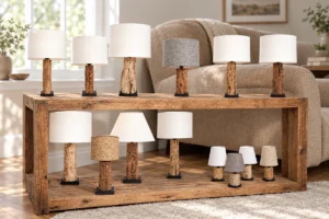 Lampes classiques avec abat-jour disposées sur un meuble en bois près d'un canapé