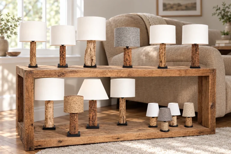 Lampes classiques avec abat-jour disposées sur un meuble en bois près d'un canapé