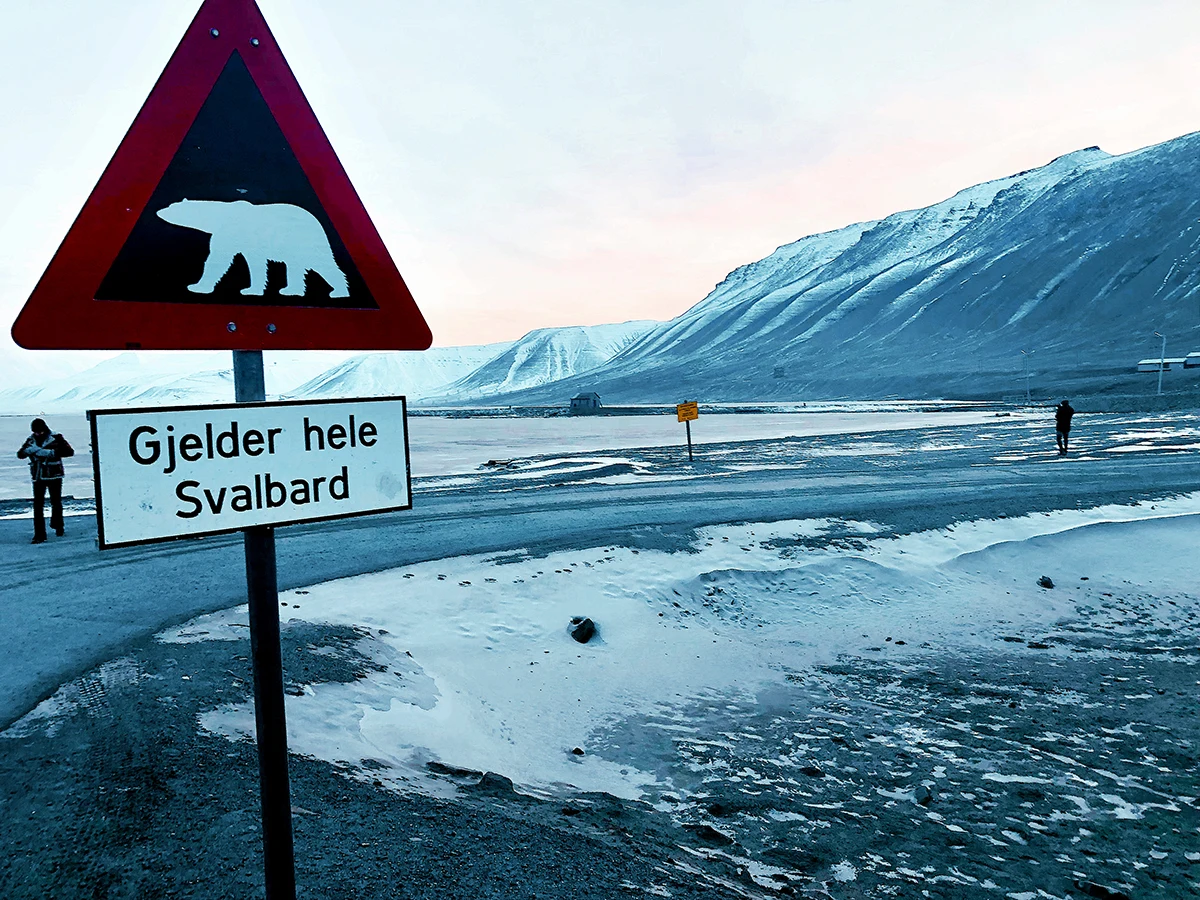 Paysage lunaire de Svalbard au-delà du cercle arctique, avec un panneau routier indiquant de faire attention aux ours polaires