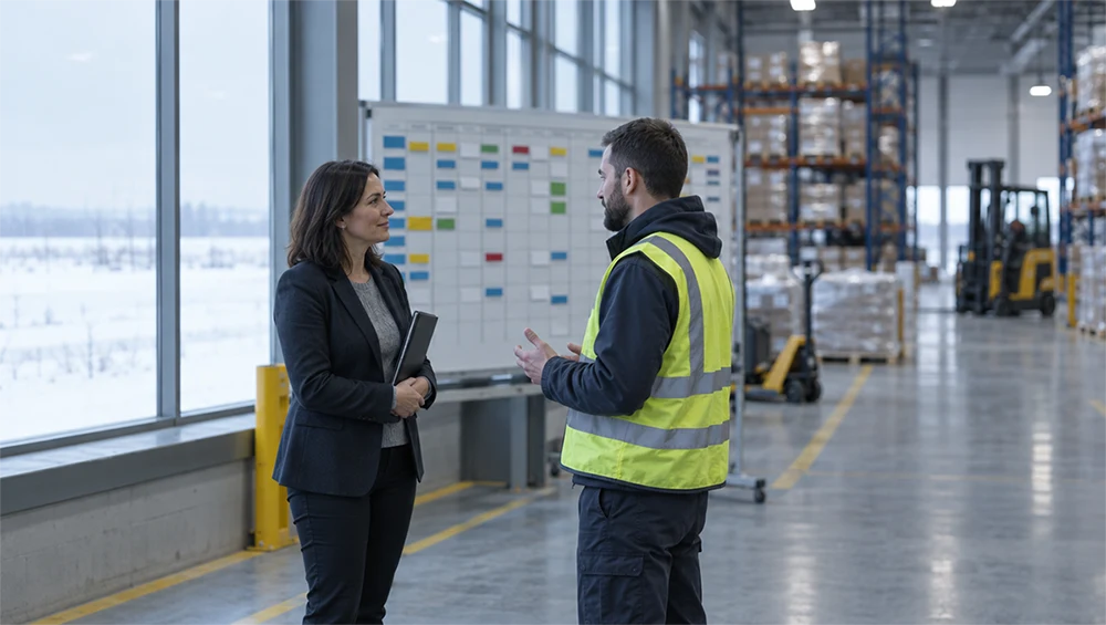 Gestionnaire RH et employé d'entrepôt discutant d'une demande de congé devant le tableau des quarts de travail