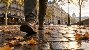 Gros plan sur les chaussures d'un marcheur en mouvement sur un trottoir pavé en automne