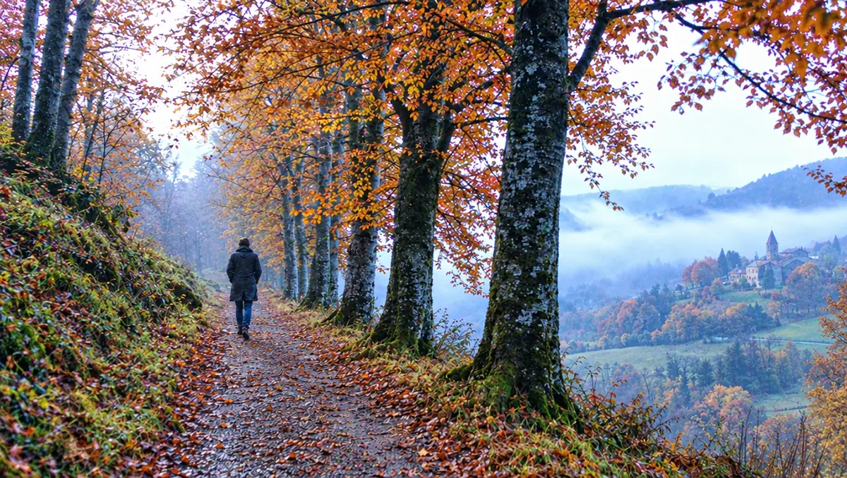 Marcheur solitaire de dos sur un sentier forestier en automne illustrant l'apaisement mental lié à la marche