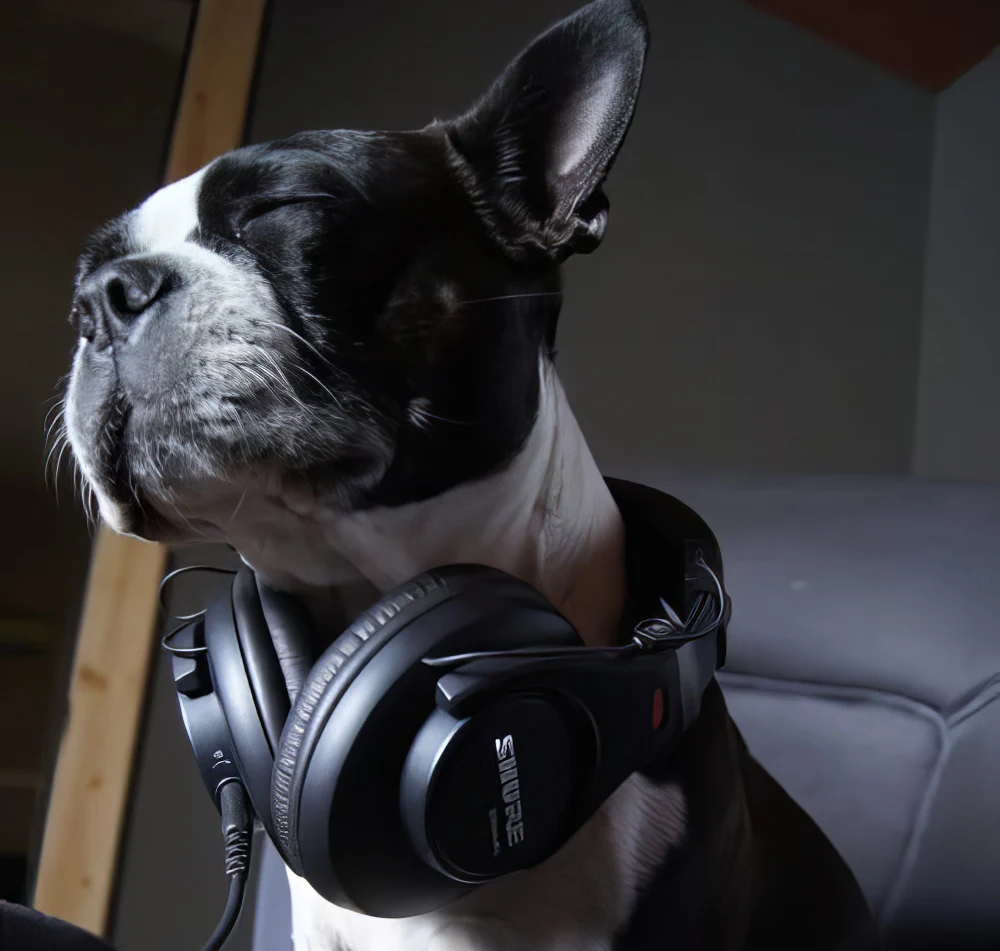 Chien Boston terrier avec un casque autour du cou