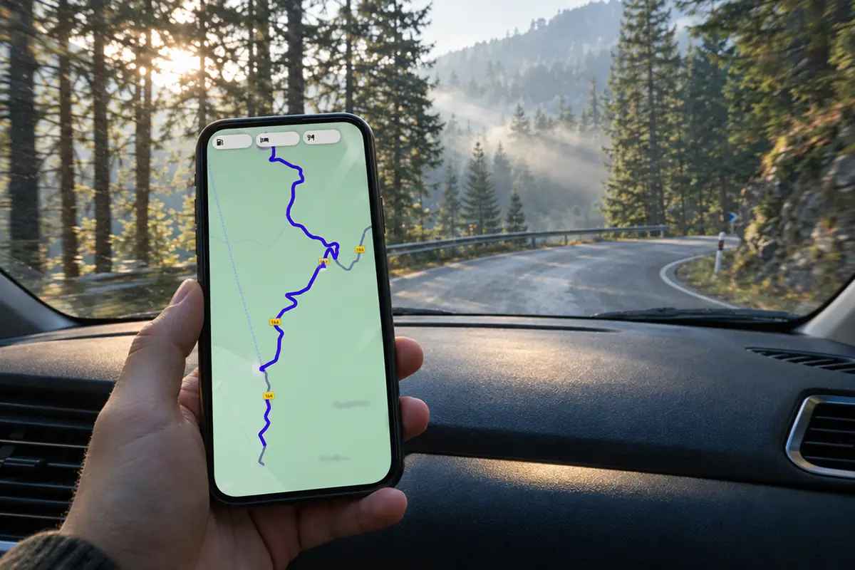 Téléphone affichant un plan Google Maps hors connexion sur une route de forêt en Serbie