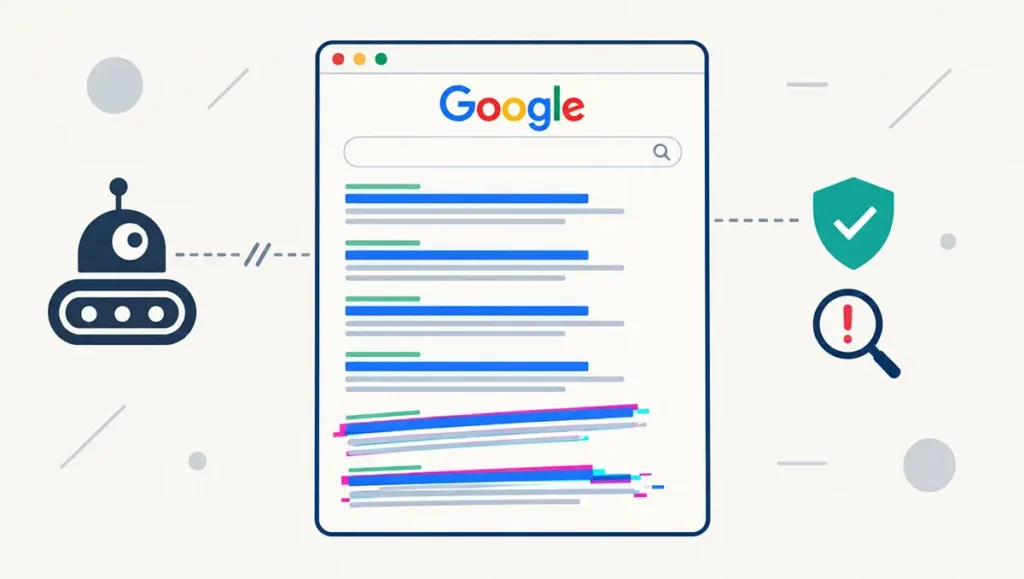 Google brouille les SERP vues par les outils SEO : vos classements ne sont peut-être pas justes Schéma d'une page de résultats Google faussée envoyée aux robots des outils SEO avec des liens brouillés en bas de page