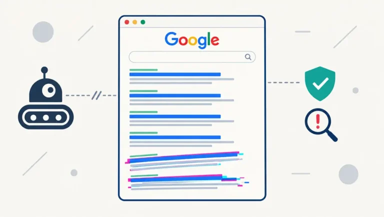 Google brouille les SERP vues par les outils SEO : vos classements ne sont peut-être pas justes Schéma d'une page de résultats Google faussée envoyée aux robots des outils SEO avec des liens brouillés en bas de page