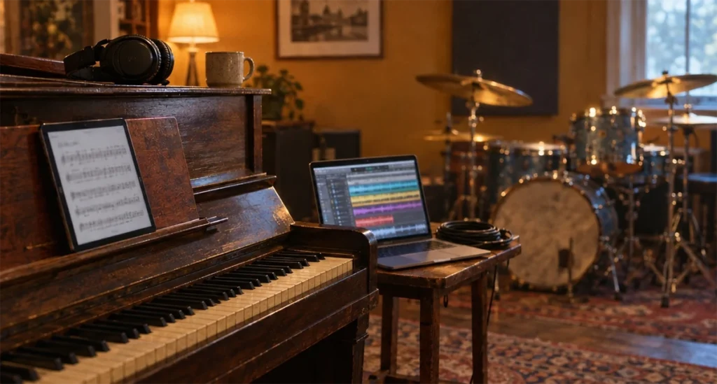 Les meilleures applications de musique pour musiciens : le tri d’un vieux routier Batterie et piano dans un home studio avec des applications de musique pour musiciens en studio