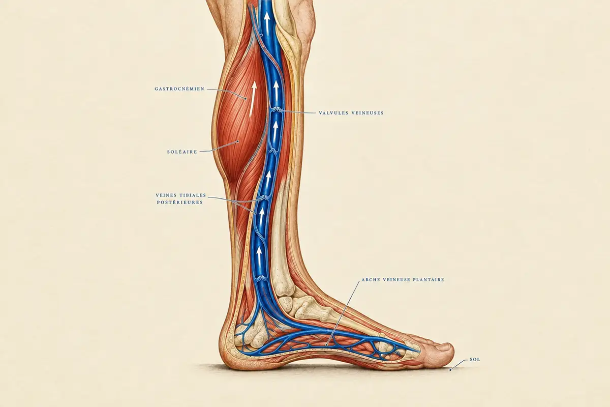 Schéma du retour veineux de la jambe : muscles du mollet, veines tibiales postérieures, valvules et arche veineuse plantaire