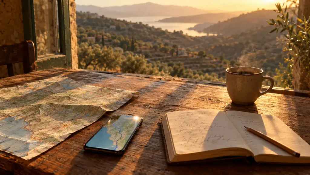 Outils gratuits pour planifier ses vacances : 7 applications Smartphone affichant un itinéraire de voyage posé sur une carte routière papier et un carnet, devant une fenêtre ouverte sur des collines