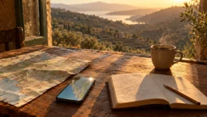 Smartphone affichant un itinéraire de voyage posé sur une carte routière papier et un carnet, devant une fenêtre ouverte sur des collines