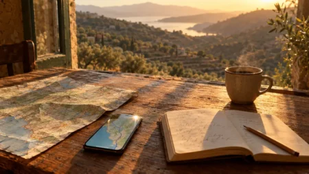 Outils gratuits pour planifier ses vacances : 7 applications Smartphone affichant un itinéraire de voyage posé sur une carte routière papier et un carnet, devant une fenêtre ouverte sur des collines