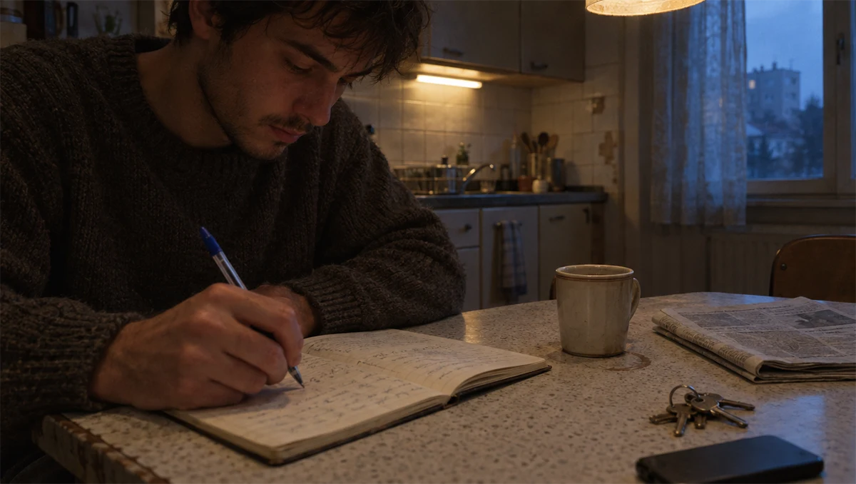Jeune homme à une table de cuisine, carnet ouvert, préparant ses exemples d'entretien d'embauche avec la méthode STAR