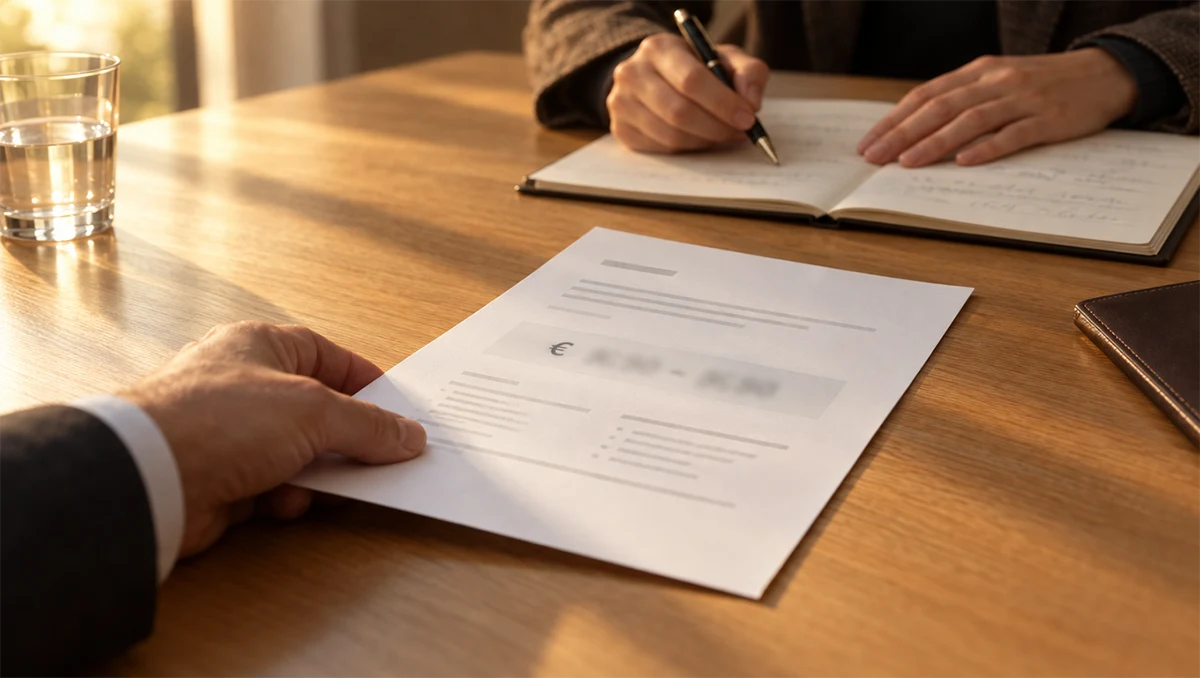 Main d'un employeur posant une feuille avec une fourchette de salaire sur une table, face au carnet d'une candidate