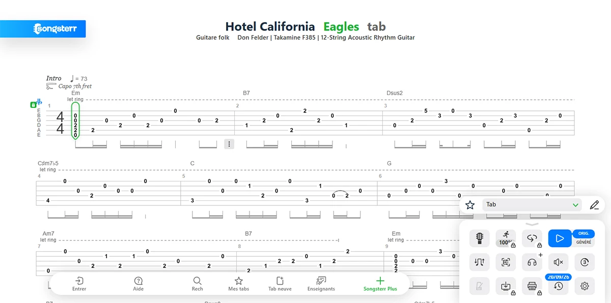 Capture d'écran de Songsterr : tablature de Hotel California
