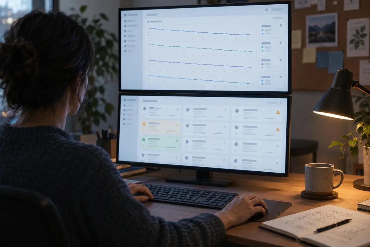 Spécialiste SEO vérifiant les courbes de positions et les alertes de classement sur un double écran pour distinguer une vraie baisse d'une donnée faussée