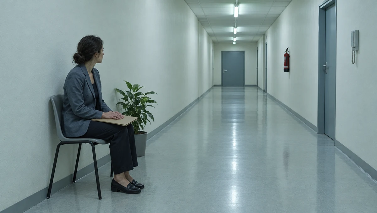 Candidate assise dans un couloir d'entreprise, dossier sur les genoux, attendant son entretien d'embauche