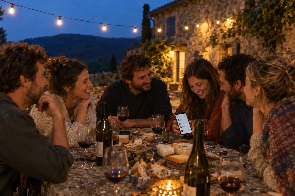 Groupe d'amis dînant dehors devant un gîte des Cévennes pendant qu'une personne note les dépenses communes sur son téléphone